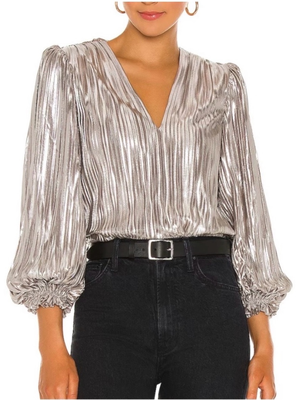 Saloni Silver Plisse Silver Champagne Pleated Blouson Blouse Top NWOT Size 2